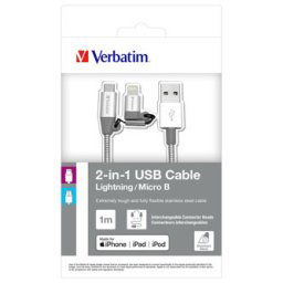 Verbatim USB kábel (2.0), USB A csatlakozó - microUSB csatlakozó Apple Lightning csatlakozó, 1m, ezüst, doboz, 48869, 2 az 1-ben - állítható