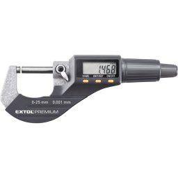 EXTOL PREMIUM digitális mikrométer; felbontás×mérési tartomány: 0,001×25 mm, keményfém mérőfelület, pontosság ?0,002 mm