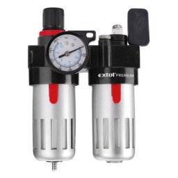 EXTOL PREMIUM levegőelőkészítő (légszűrő nyomásszabályozóval, olajozóval ésmanométerrel),max.8Bar,1/4',max.60°C,90ml szűrő&90mlo