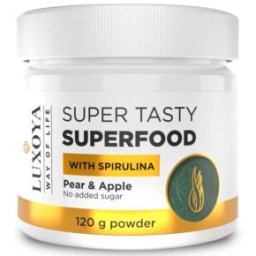 Luxoya Super Tasty Superfood - Körte-Alma ízesítésű Spirulinát és Zöld Búzafüvet tartalmazó italpor - 120g