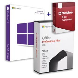Windows 10 Pro (Retail) + Office 2021 Professional Plus (Online aktiválás) + McAfee Total Protection (5 eszköz / 1 év) Family Pack (Elektronikus licenc)