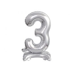 Silver, Ezüst mini 3-as szám fólia léggömb, lufi talppal 38 cm