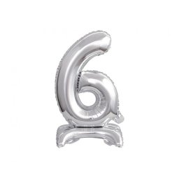 Silver, Ezüst mini 6-os szám fólia léggömb, lufi talppal 38 cm