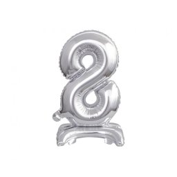Silver, Ezüst mini 8-as szám fólia léggömb, lufi talppal 38 cm
