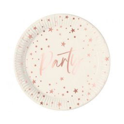 Papír tányér fehér, rose gold csillagos, 23 cm, 8 db/cs