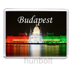 Budapest Országház nemzeti színben, felső felirattal hűtőmágnes (műanyag keretes)