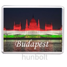 Budapest Országház nemzeti színben, alsó felirattal hűtőmágnes (műanyag keretes)