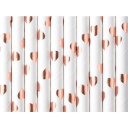 Szívószál fehér-rose gold szívecskés 19,5 cm, 10 db/csomag