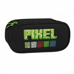 Game PIXEL ovális tolltartó gumipánttal - 22x6x10 cm - fekete/zöld