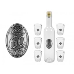 Palack + 6db pálinkás pohár fémcímkés Boldog 60. Születésnapot PK/HP+6pál - Óncímkés Pálinkás készlet