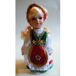 Szőke baba, kerámia fejjel, nemzeti csíkos ruhában -20 cm