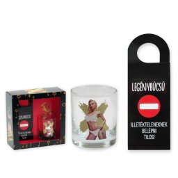 Whisky pohár vetkőzős nő + ajtó akasztó Legénybúcsú szett 05166 - Tréfás Vetkőzős pohár, bögre
