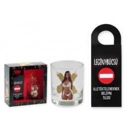 Whisky pohár vetkőzős nő + ajtó akasztó Legénybúcsú szett 05167 - Tréfás Vetkőzős pohár, bögre