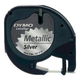 Dymo eredeti címkenyomtató szalag, Dymo, S0721730, fekete nyomtatás/ezüst hátlap, 4m, 12mm, LetraTag metál szalag