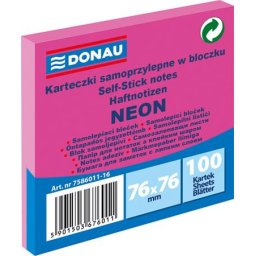 DONAU Öntapadó jegyzettömb, 76x76 mm, 100 lap, DONAU, neon rózsaszín