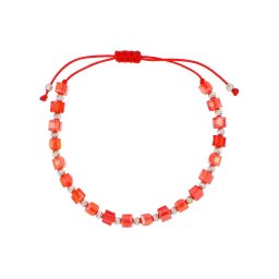 Korallpiros színű vésett golyós kocka gyöngyös 925‰-es ezüst órakísérő karlánc