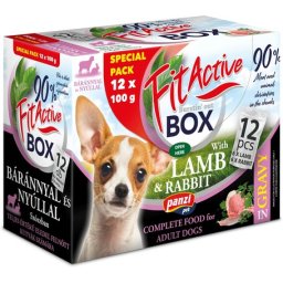 FitActive Fit-a-Box alutasakos eledel kutyáknak bárányos és nyulas ízben (4 doboz |4 x 2 x 6 x 100 g | 24 db bárányhúsos alutasak | 24 db nyúlhúsos alutasak) 4.8kg