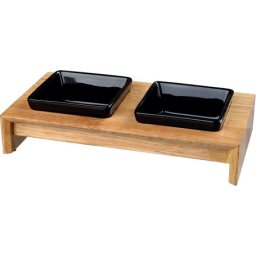 Trixie kerámia etetőszett lapos faállványon kutyáknak és macskáknak (2 x 0.2 l / 10 cm / 28 x 5 x 15 cm)