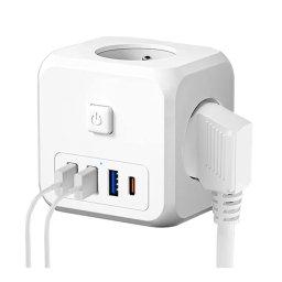 7 az 1-ben kábel nélküli hálózati aljzat, 3 utas többfunkciós aljzat 3 USB-A és 1 Type-C csatlakozással 5V/3,4A - fehér (KE-24-357)