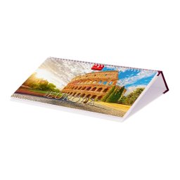 Képes asztali naptár Európa 320 x 150 mm, fehér lapokkal fekvő bordó műbörrel borított tartóval Dayliner 2026.