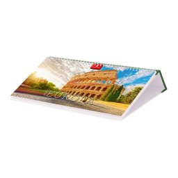 Képes asztali naptár Európa 320 x 150 mm, fehér lapokkal fekvő zöld műbörrel borított tartóval Dayliner 2026.