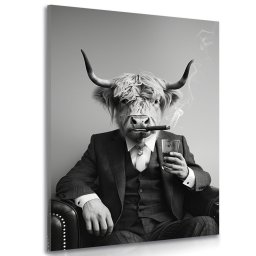 Kép öltönyös tehén cigarettával és whiskeyvel