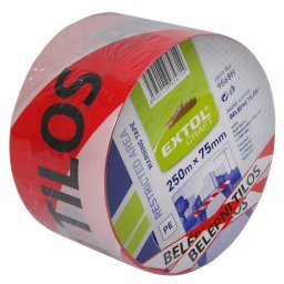 EXTOL CRAFT jell szalag, piros-fehr; 75mm250m, polietiln 'BELPNI TILOS' felirattal, (kordonszalag)