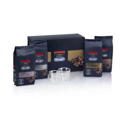 De'Longhi Kimbo for De'Longhi kávékóstoló készlet kávébabbal, 4 x 250 g, és 2 db Espresso pohár DLSC316