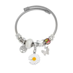 Pandora stílusú nemesacél karkötő, virág és lepke charmmal