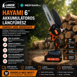 Hayami 6" akkumulátoros láncfűrész olajzóval, 2 db akkumulátorral 48V - fekete/narancs (HA1001)