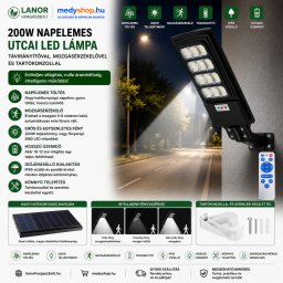 200W napelemes utcai LED lámpa távirányítóval, mozgásérzékelővel és tartókonzollal