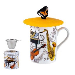 Hangszerek porcelán bögre fémszűrővel szilikon tetővel 250 ml - zongorás - fémdobozos