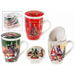 Karácsonyi porcelán bögre porcelán szűrővel és tetővel - 300 ml - 3-féle