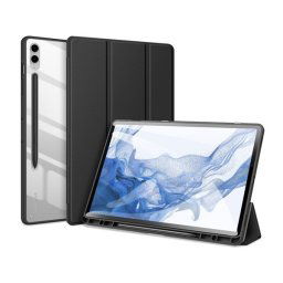 Samsung Galaxy Tab S9 FE Plus (12.4) SM-X610 / X616B, mappa tok, Trifold, légpárnás sarok, közepesen ütésálló, érintőceruza tartó, átlátszó hátlap, Dux Ducis Toby, fekete