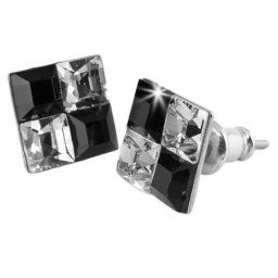 ART CRYSTELLA Fülbevaló, négyzet, fekete-fehér SWAROVSKI(R) kristállyal, 8 mm, ART CRYSTELLA(R)