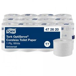Toalettpapír, belsőmag nélküli, T7 rendszer, 1 rétegű, 13,1 cm átmérő, Universal, TORK \OptiServe\, fehér [24 tek]