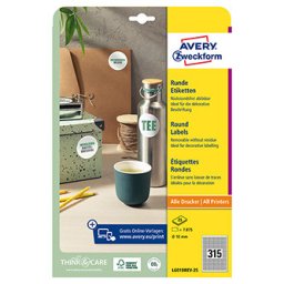 Avery Zweckform címkék 10mm, A4, fehér, 315 címke, eltávolítható, 25 darabos csomag, L6019REV-25, lézer- és tintasugaras nyomtatókhoz