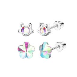 Cica és virág orvosi fém kislány fülbevaló szett, AB kristályokkal