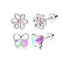 Lepke és virág, kristályos orvosi fém kislány fülbevaló szett