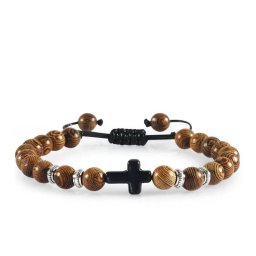Fa gyöngyös karkötő, fekete kereszt dísszel