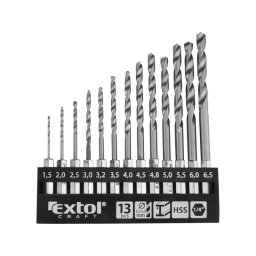 EXTOL CRAFT fmcsigafr klt., 13db, HSS; 1,5-6,5mm, 1/4 BIT befogs, polrozott, manyag tartban, bliszteren