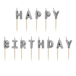 Happy Birthday ezüst betűk, gyertya, 2,5 cm