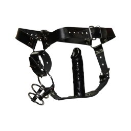 ZADO - bőr tanga dildóval, 3 péniszgyűrűvel