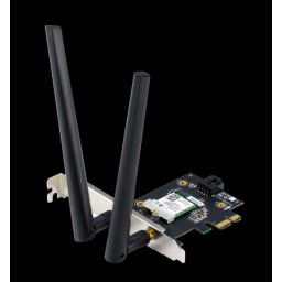 ASUS PCE-AXE5400, WiFi 6E PCI-E adapter 2 külső antennával. 6 GHz, 160 MHz, Bluetooth 5.2 támogatás.