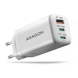 AXAGON ACU-DPQ65W, GaN hálózati töltő 65W, 3x port (USB-A dual USB-C), PD3.0/QC4 /PPS/Apple, fehér színben