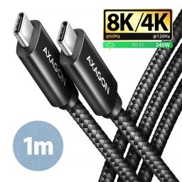 AXAGON BUCM4X-CM10AB NewGEN kábel USB-C USB-C, 1m, USB4 Gen 3×2, PD 240W 5A, 8K HD, ALU, fonott, fekete