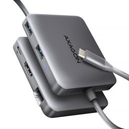 AXAGON HMC-5HL USB 5Gbps hub, 2x USB-A, HDMI 4k/60Hz, RJ-45 GLAN, PD 100W, USB-C kábel 20cm