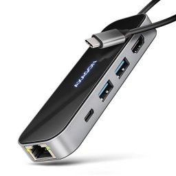 AXAGON HMC-6GLN, USB 5Gbps hub, 2x USB-A, USB-C, HDMI 4k/60Hz, RJ-45 GLAN, PD 100W, USB-C kábel 20cm