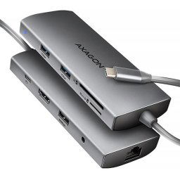 AXAGON HMC-8HLSA, USB 5Gbps hub, 3x USB-A, HDMI 4k/60Hz, RJ-45 GLAN, SD/microSD, audio, PD 100W, USB-C kábel 20cm