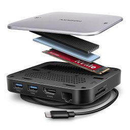 AXAGON HMC-UFO, USB 10Gbps hub, 2x USB-A, USB-C, HDMI 4k/60, RJ-45, M.2 slot, SD/mSD, audio, PD 100W, USB-C kábel 65cm